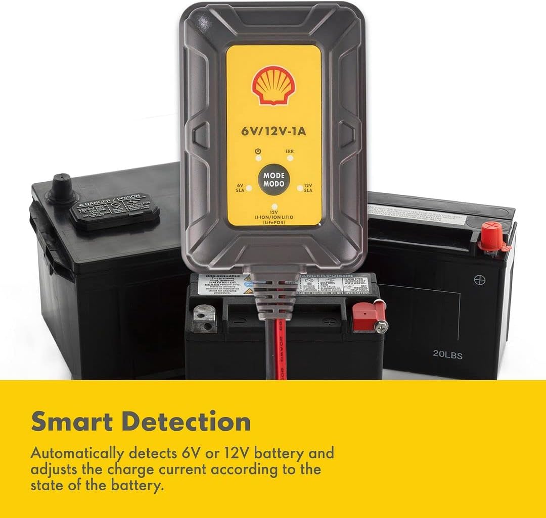Shell SBC100 1 Amp 6V and 12V Fully Automatic Smart Charger and Maintainer, trickle Charger, Battery Desulfator, for Lead Acid, Gel, AGM, Li-on, 7 Levels of Protection and 7-Stage Charging