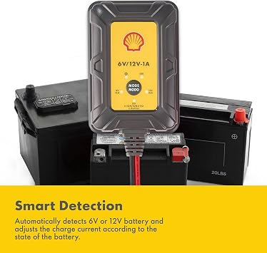 Shell SBC100 1 Amp 6V and 12V Fully Automatic Smart Charger and Maintainer, trickle Charger, Battery Desulfator, for Lead Acid, Gel, AGM, Li-on, 7 Levels of Protection and 7-Stage Charging