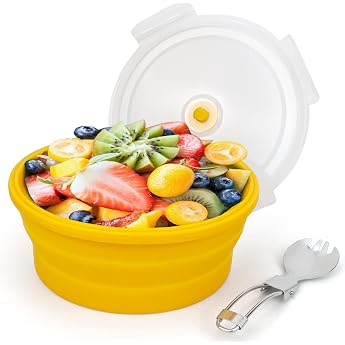 1200ml Large Collapsible Lunch Bowl Silicone Food Container with Foldable 2 in 1 Fork and Spoon Space Saving Camping Bowls Safe in Microwave and Freezer Orange
