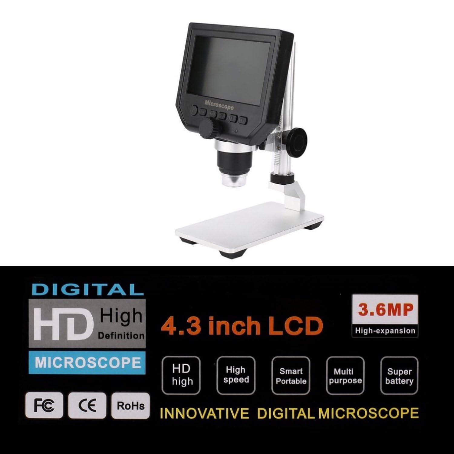 SATKIT Microscopio Digital LCD 4,3 Pulgadas Sensor 3,6MP HD Zoom 20x-600x con Soporte Metálico para Electrónica y Soldadura