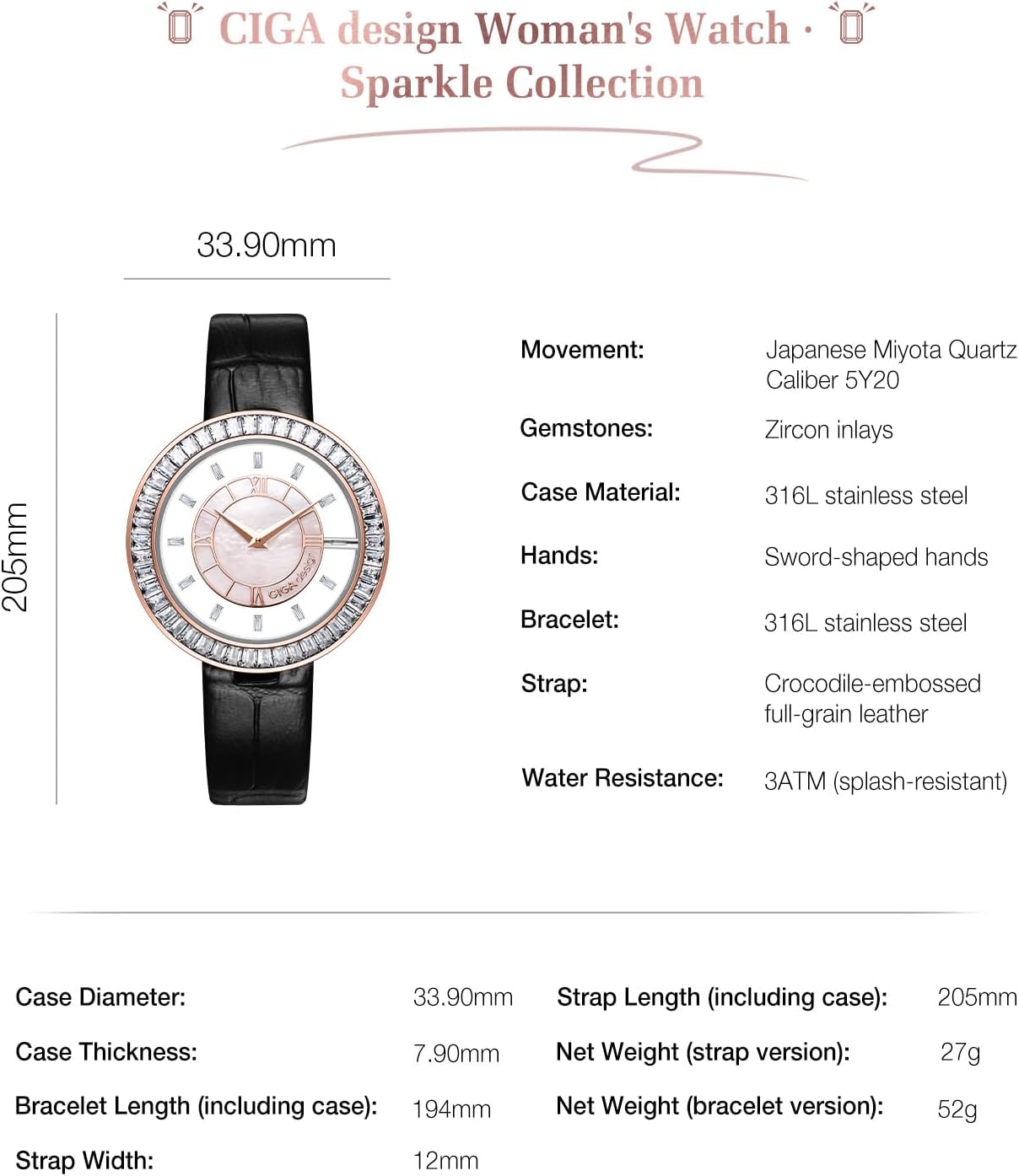 CIGA Design Watches for Women Sparkle Collection Quartz Watch, Gem-Set Bezel, Elegant Mother-of-Pearl Dial, Refined Leather Strap with Buckle for Women Watch
