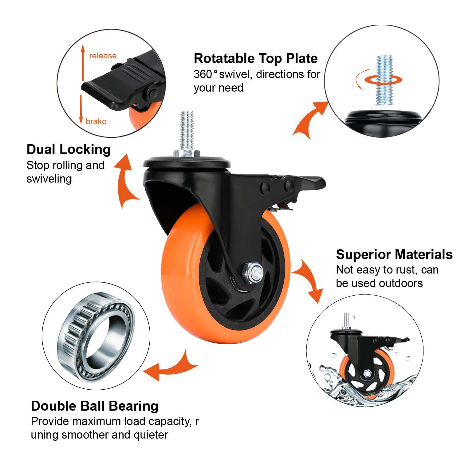 Stem Caster Wheels 4 Inch Heavy Duty Threaded Stem Casters UNC 3/8"-16 x 1 Swivel Casters Set of 4 with Safety Dual Locking Wheel for Furniture and Cart