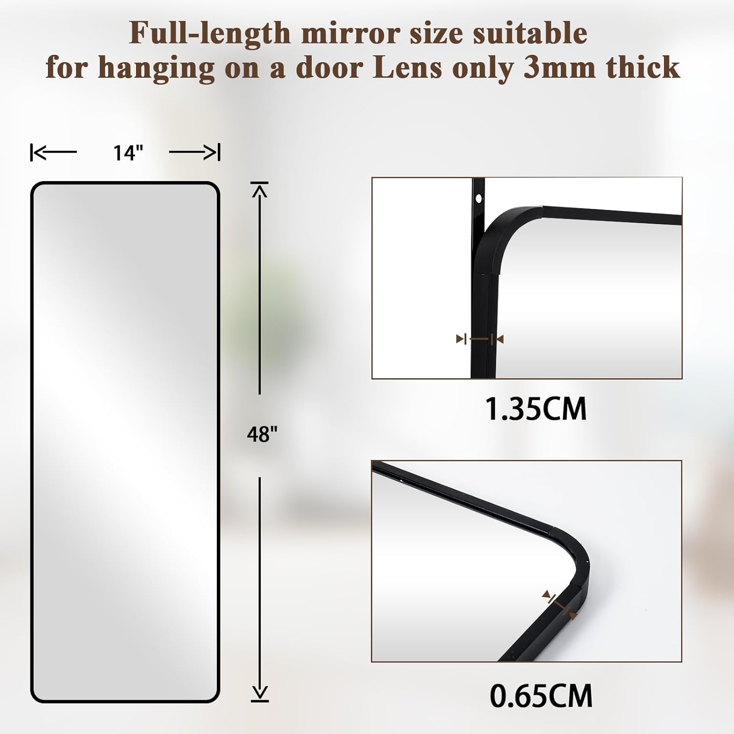 VooBang 14"x48" Full Length Over The Door Mirror - Aluminum Alloy Frame Full Body Mirror with Height-Adjustable Hangers, Hanging Leaning Against Wall for Dorm, Black - Image 4
