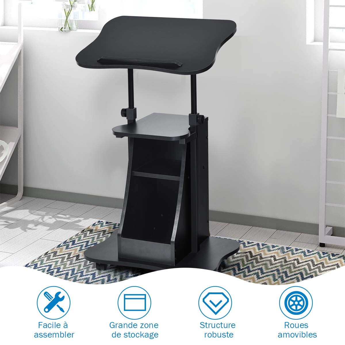 GOPLUS Escritorio de pie Moderno para Ordenador de Altura y ángulo Ajustables, reclinable con Multicapa, Marco de Madera, Mesa con Ruedas, para Oficina y Familia, Negro