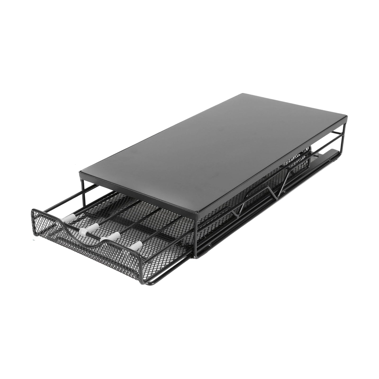 Carbon Steel Coffee Drawer Organizer with Divided Rows, Pull-Out Countertop Holder for Home Kitchen Coffee Storage and Daily Setup Drawer Organizer Countertop Storage Under Machine Mesh Basket Pull
