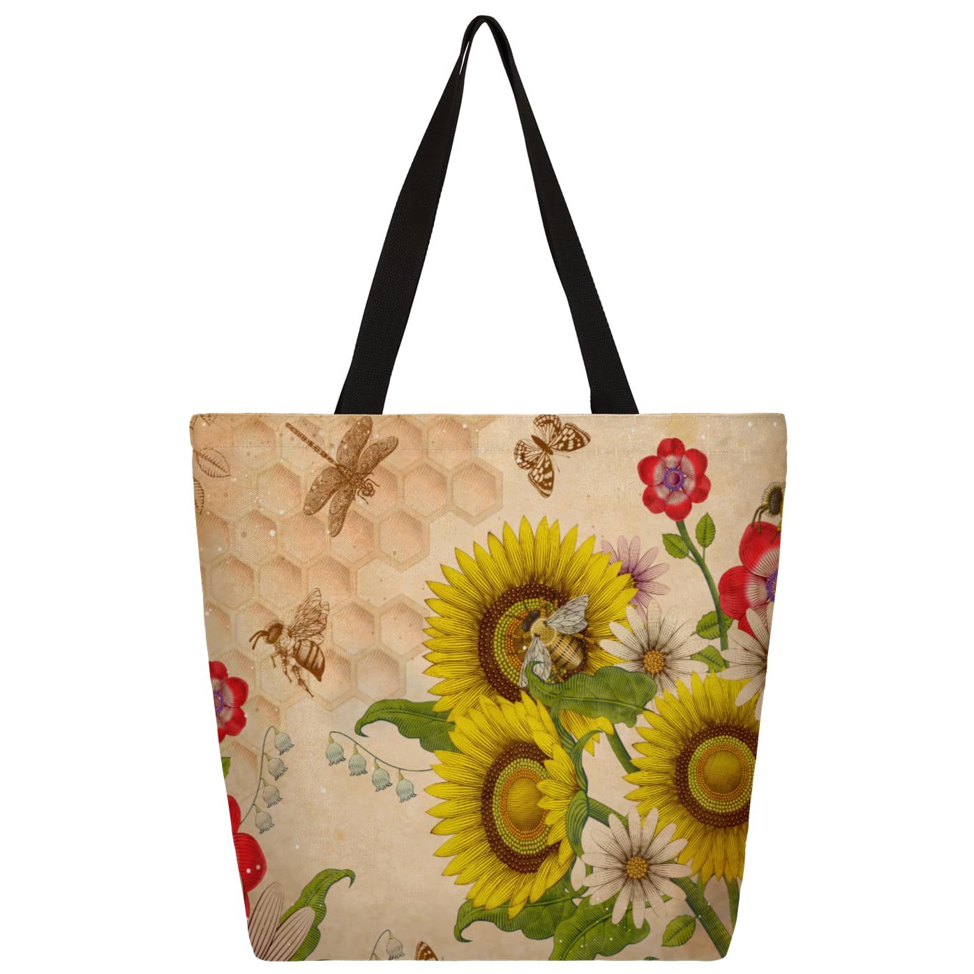 Mularoka Watercolor Sunflower Butterfly Bee Flower Large Capacity Canvas Tote Bag Stylish Handheld Shoulder Bag Reusable Shopping Bag for Work Travel Beach Trips Shopping