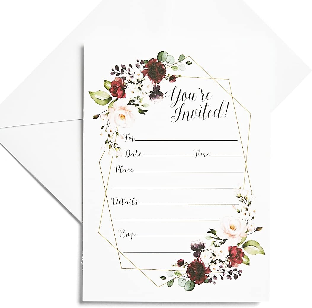 All Ewired Up 50 Elegant Floral Geometric Elegant Frame Invitation Burgundy Marsala Gold (Large Size 5x7) Weddings, Bridal or Baby Shower Invite, Birthday Invitation, Any Occasion (5X7 Large)