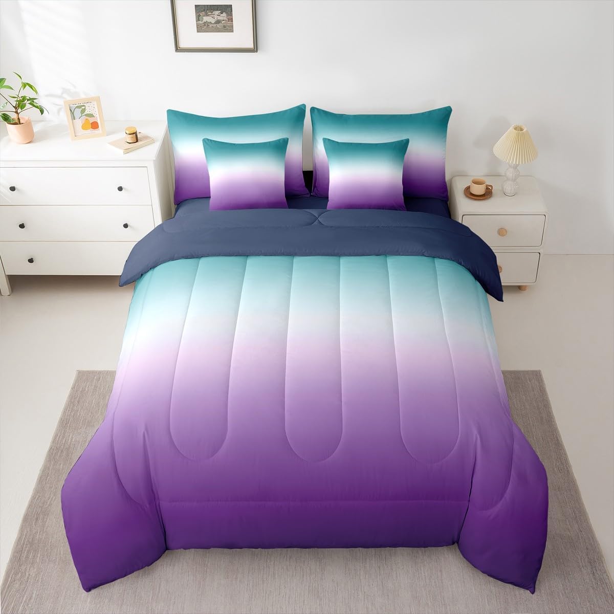 Erosebridal Ombre Comforter Set Green Purple Teal Bedding Set Queen Size Colorful Gradient Reversible Bed in a Bag 7 Pcs(1 Comforter,2 Pillowcases,1 Flat Sheet,1 Fitted Sheet,2 Throw Pillow Covers)
