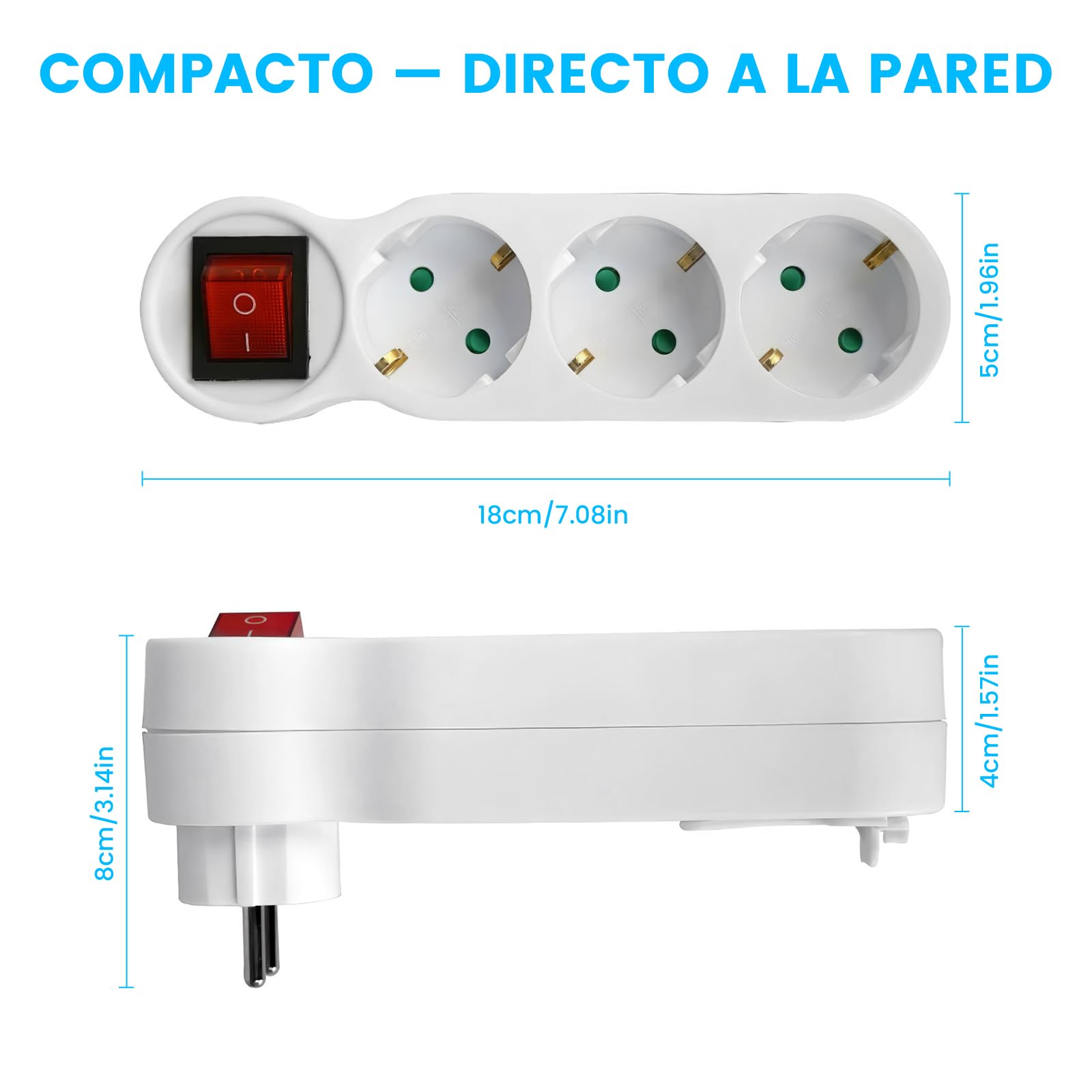 Triple Wall Plug, 3 Sockets with Light Switch, 16A 250V 3680W Max, Compact Design for Small Spaces in Home or Office — view 5