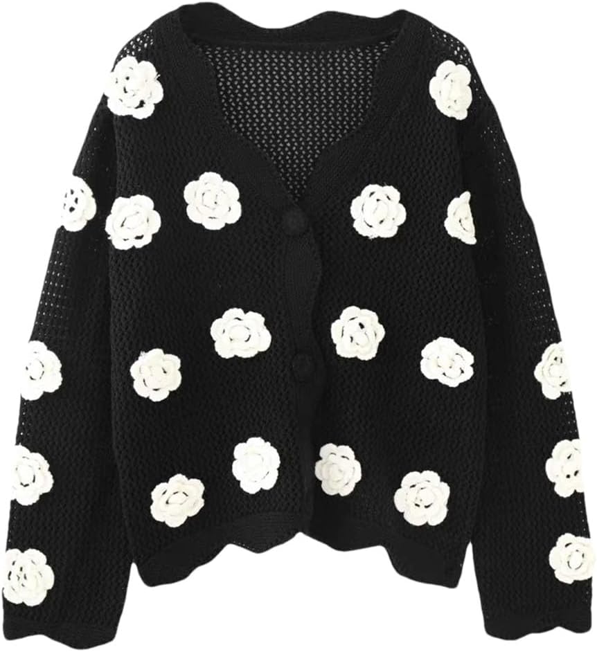 Women White Rose Flowers Hollow Out Cardigan Sweater Retro Embroidery Loose Full Sleeve Sweater Lady Tops