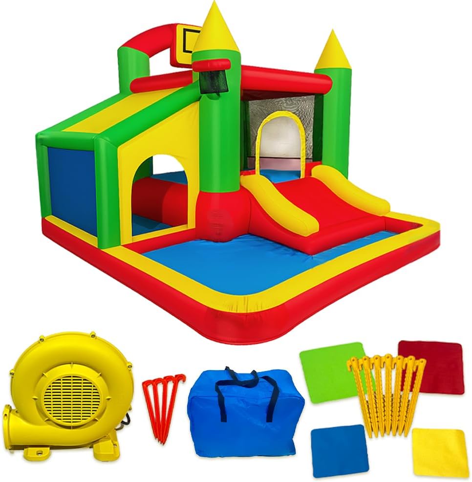 Inflatable Bounce House with Private Play Nook,Slide,Basketball Hoop & Splash Pool Ball Pit,Includes Air Blower, Repair Patches, Storage Bag and Stakes,110x118x85 Inches