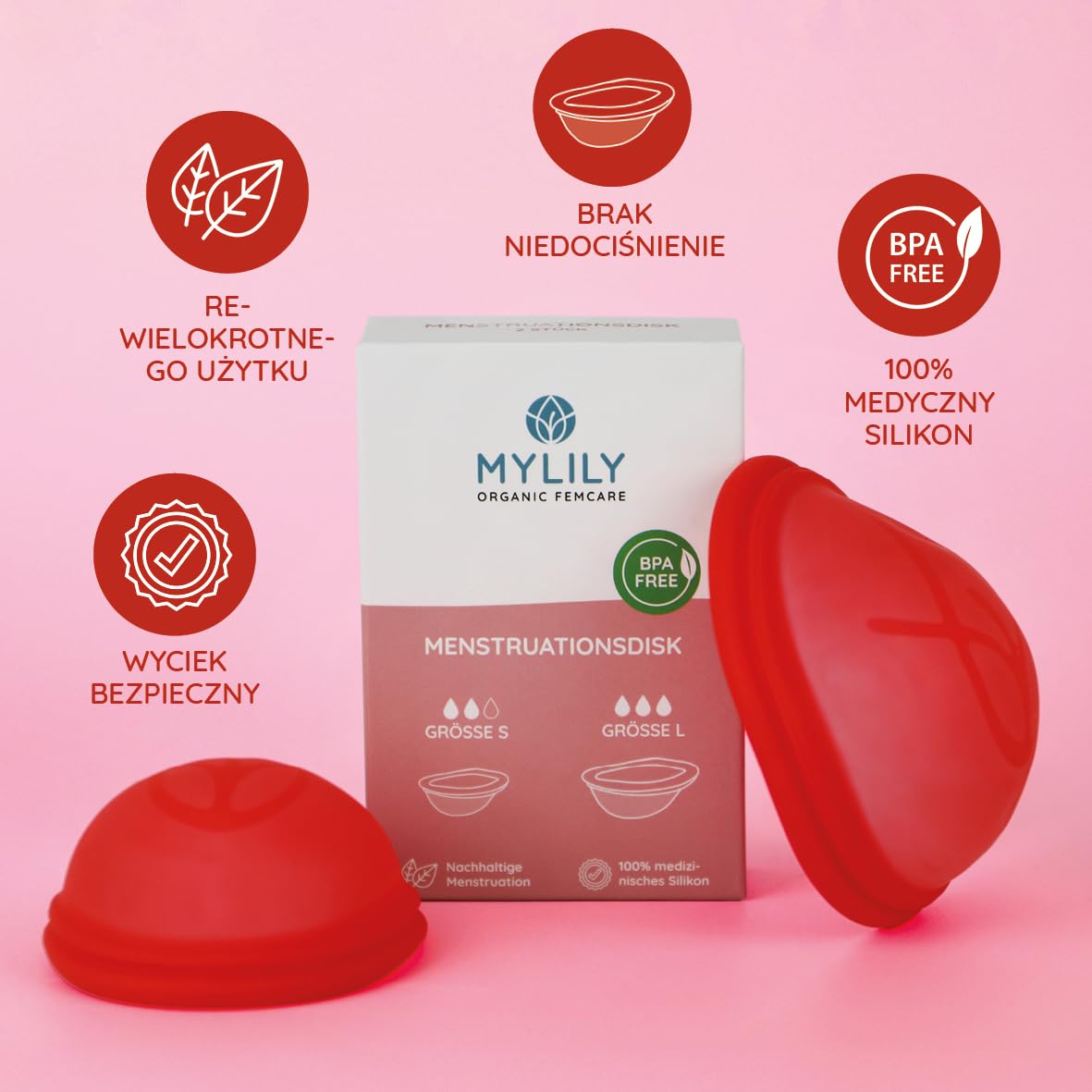 Krążek menstruacyjny MYLILY® zestaw 2 sztuk | 100% silikon medyczny I okres | krążek menstruacyjny I zrównoważony i oszczędny I krążek menstruacyjny | wielokrotnego użytku I S + L