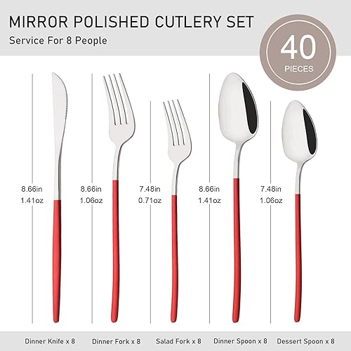 Miniatura 2 de Juego de cubiertos de plata y rojo brillante, 40 piezas para 8, juego de cubiertos de acero inoxidable 1810, vajilla pulida con espejo, incluye