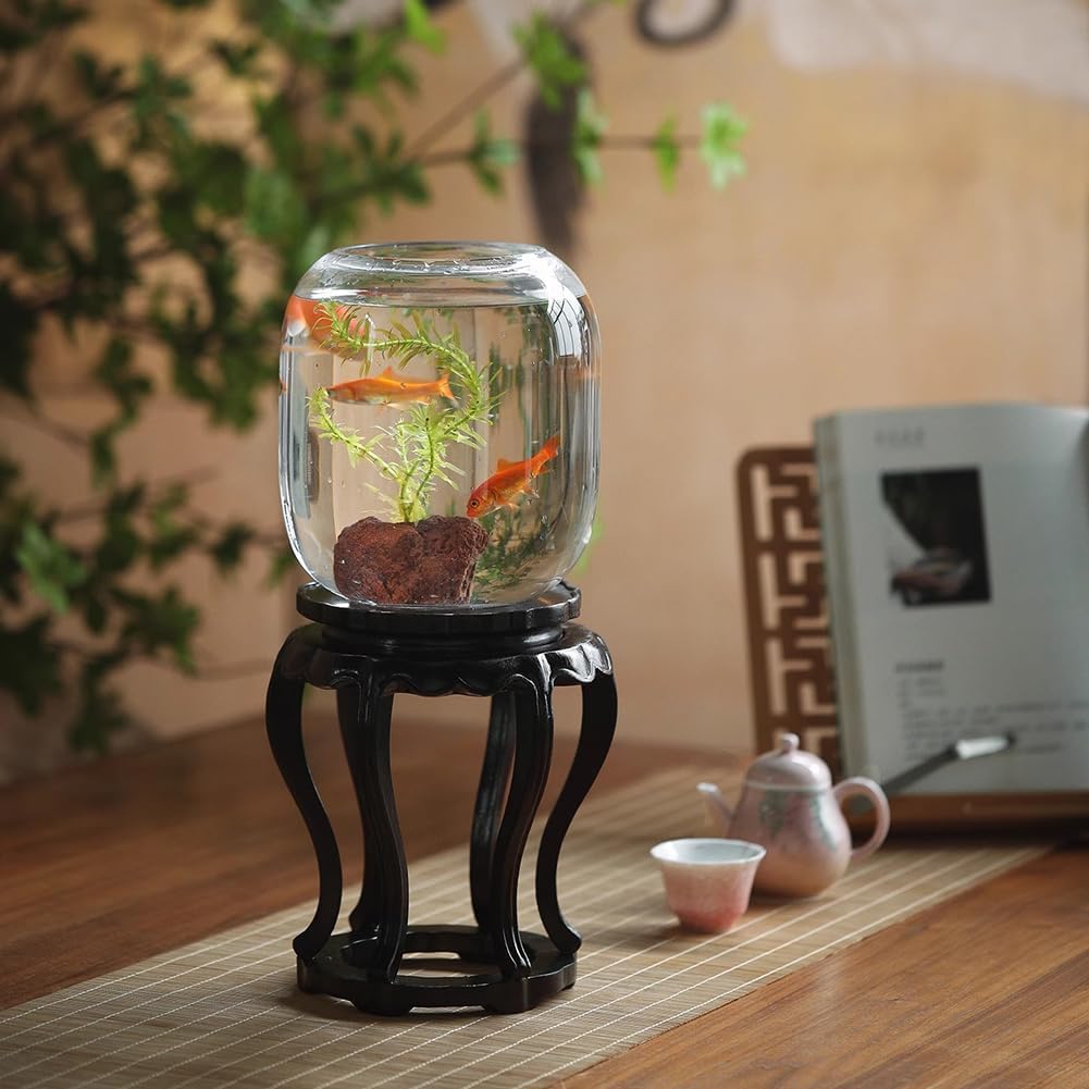 Oriental Fish Bowl with Ebony Base, Chinese Style Traditional Fish Tank, Retro Office Desktop Aquarium, Decorative Vintage Betta Fish Tank, Nostalgic Small Goldfish Bowl