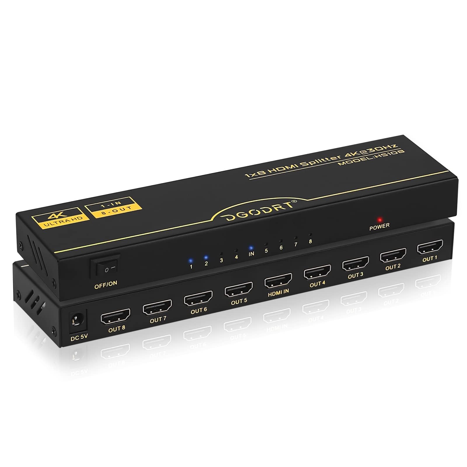 4K 1x8 HDMI Splitter 8 Way, 8 Ports Powered HDMI Distributor 1 in 8 Out Support 4K@30Hz HD 3D 1080P for HDTV DVD Fire Stick PS4