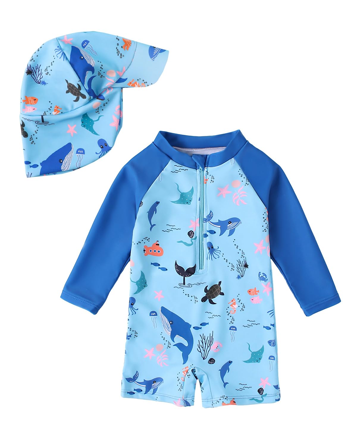 WYTbaby Baby Badeanzug Einteiler Uv Kleidung Baby Langarm Uv Schutzkleidung für Baby Junge Mit Sonnenhut