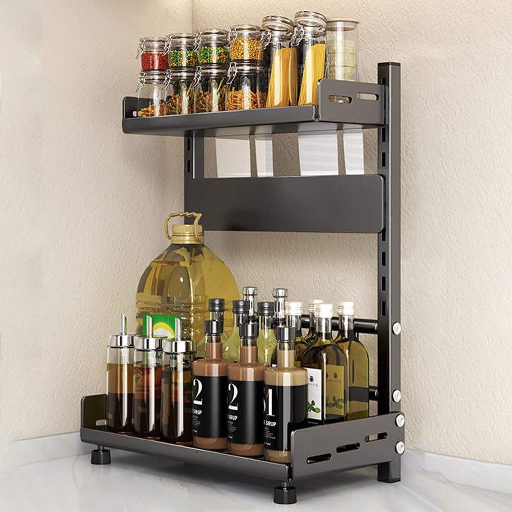 Wemune 2 Tier Spice Rack Organizer for Cabinet & Countertop - Seasoning Organizer Spice Shelf - Space Saving Metal Risers Seasoning Rack for Spices, Cans, Jars, Kitchen Utensils,Black,30cm