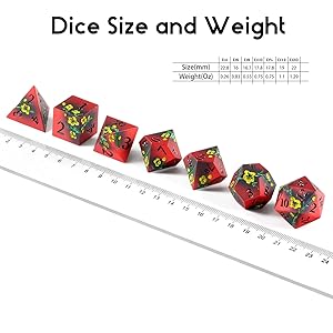 DNDND Metal Dice, 7 PCS Metallic Flowers D&D Dice with Gorgeous Gift Case for D&D Dungeons and Dragon Tabletop Game (Red and Yellow)