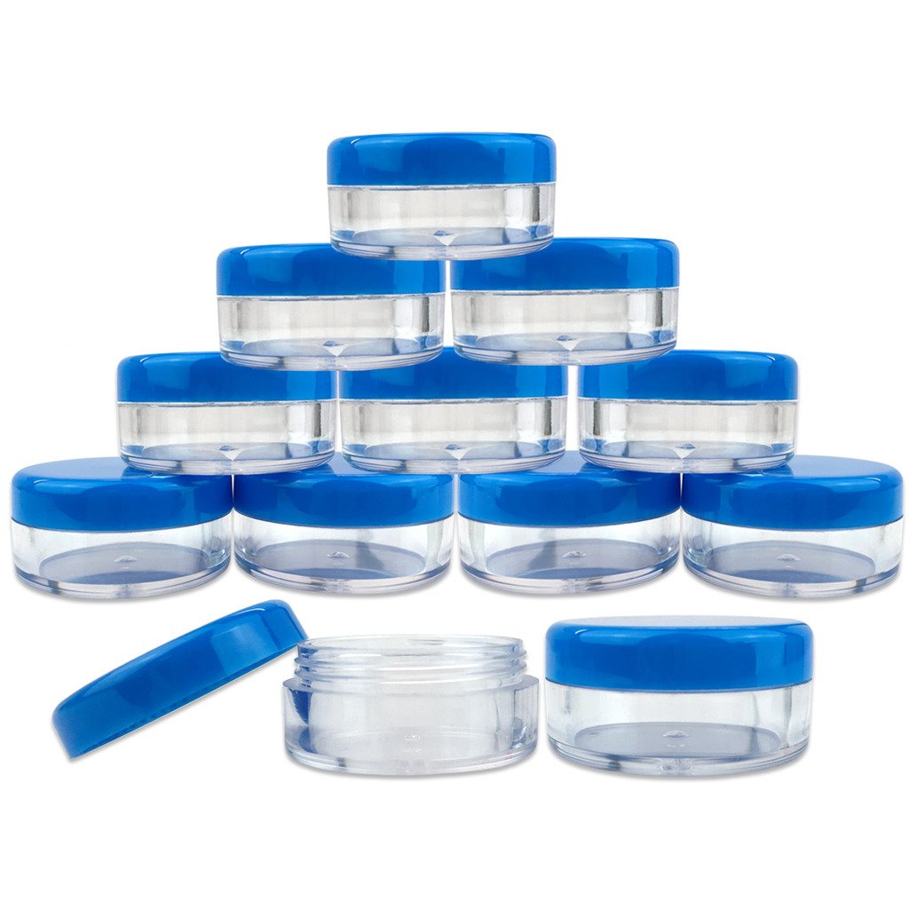 Beauticom (Quantity: 50 Pieces) 5G/5ML Round Clear Jars with Blue Lids for Scrubs, Oils, Toner, Salves, Creams, Lotions, Makeup Samples, Lip Balms