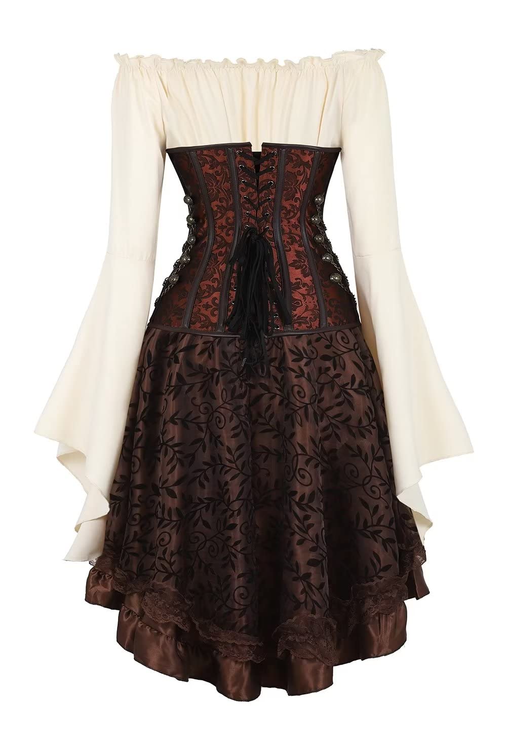 Jutrisujo Korsett Kleid 3 Set Steampunk Corsage Corsagenkleid Bustier Piraten Kostüm Spitzenrock und Bluse für Karneval Halloween Schwarz M
