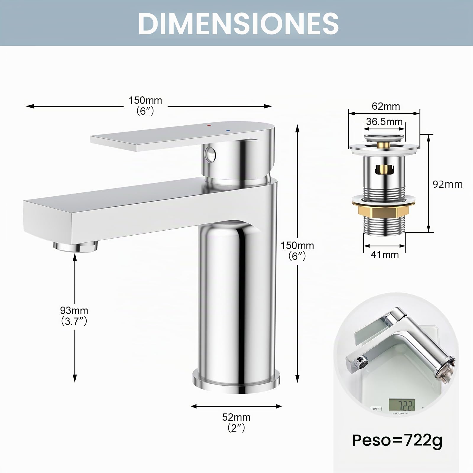 Grifo de Lavabo para Cuarto de Baño W.C. Rectangular Monomando con Desagüe Desplegable de Acero Inoxidable en Cromado Pulido