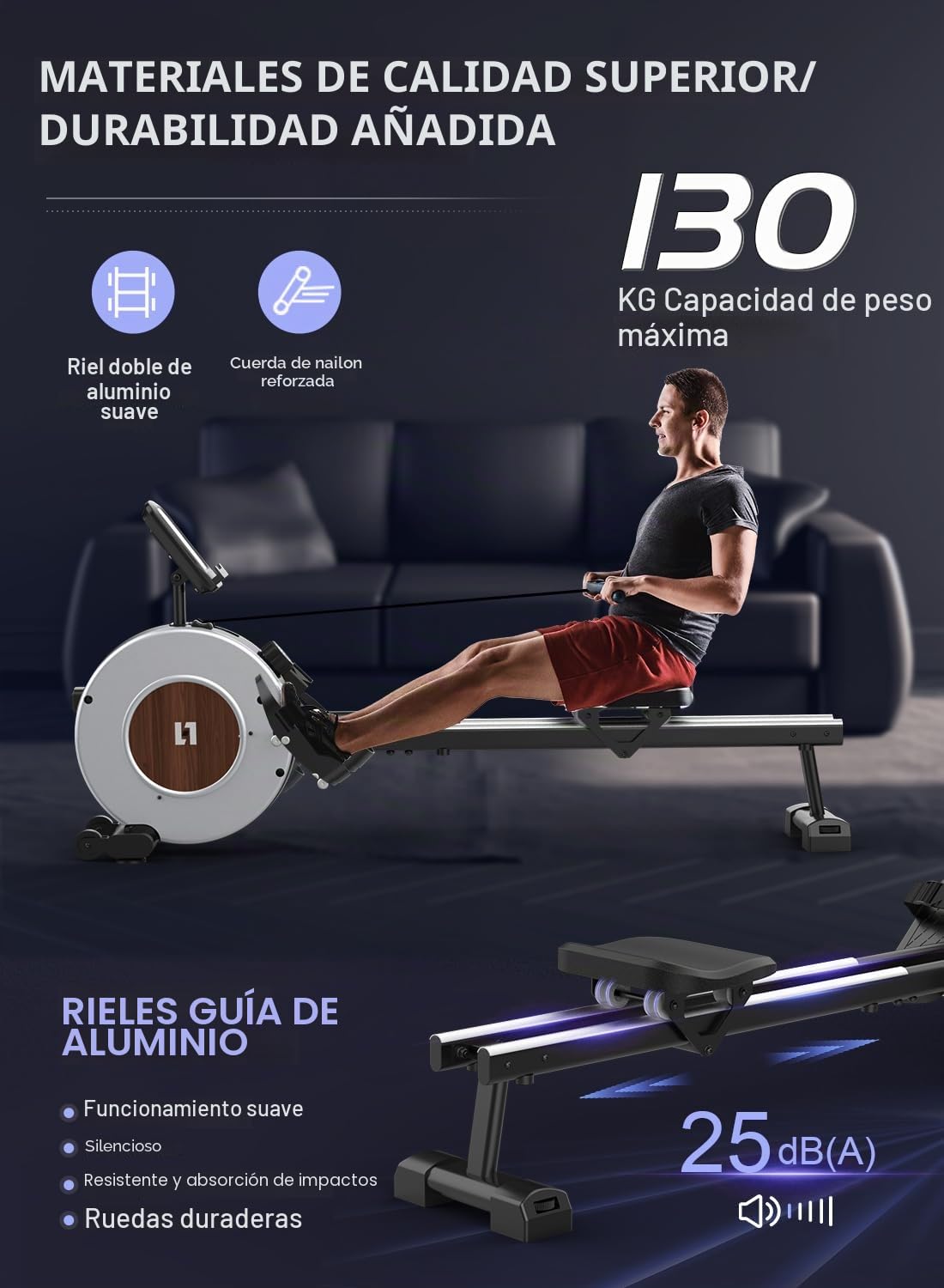 Máquina de Remo Magnética con 16 Niveles de Resistencia Ajustables, Pantalla LCD, Dos Raíles Deslizantes, Almacenamiento Vertical Que Ahorra Espacio, Fácil Montaje