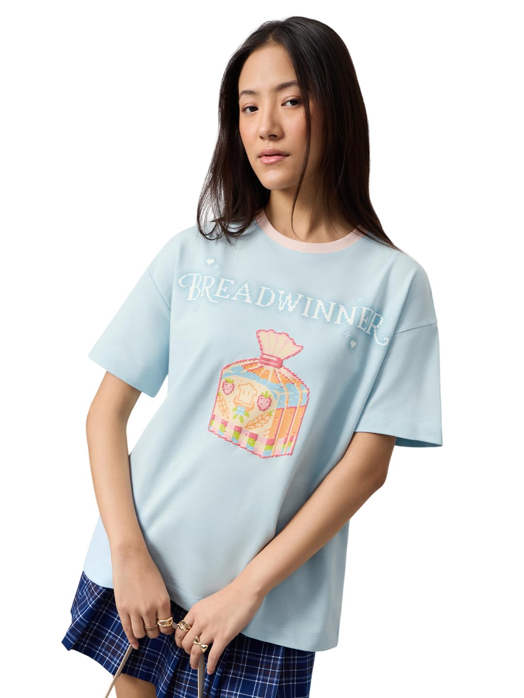Breadwinner Women and Girls Short Sleeves Round Neck Blue Graphic Printed Cotton Lightweight Everyday Comfortable Oversized T-Shirts-image-1