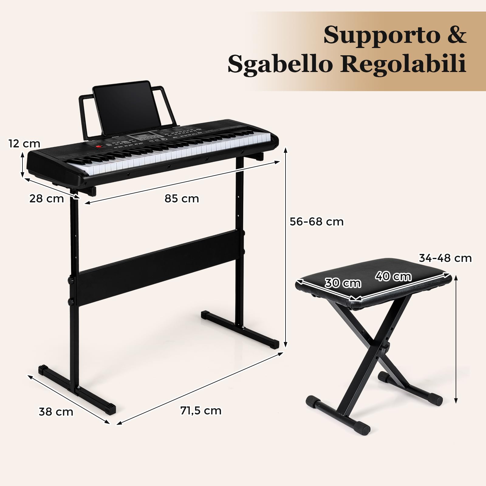 COSTWAY Tastiera Pianoforte a 61 Tasti, Set Tastiera Elettrica con Supporto Regolabile e Sgabello, 200 Ritmi & 200 Toni, 70 Demo, Adesivi per Note, Strumento Musicale per Principianti e Adolescenti