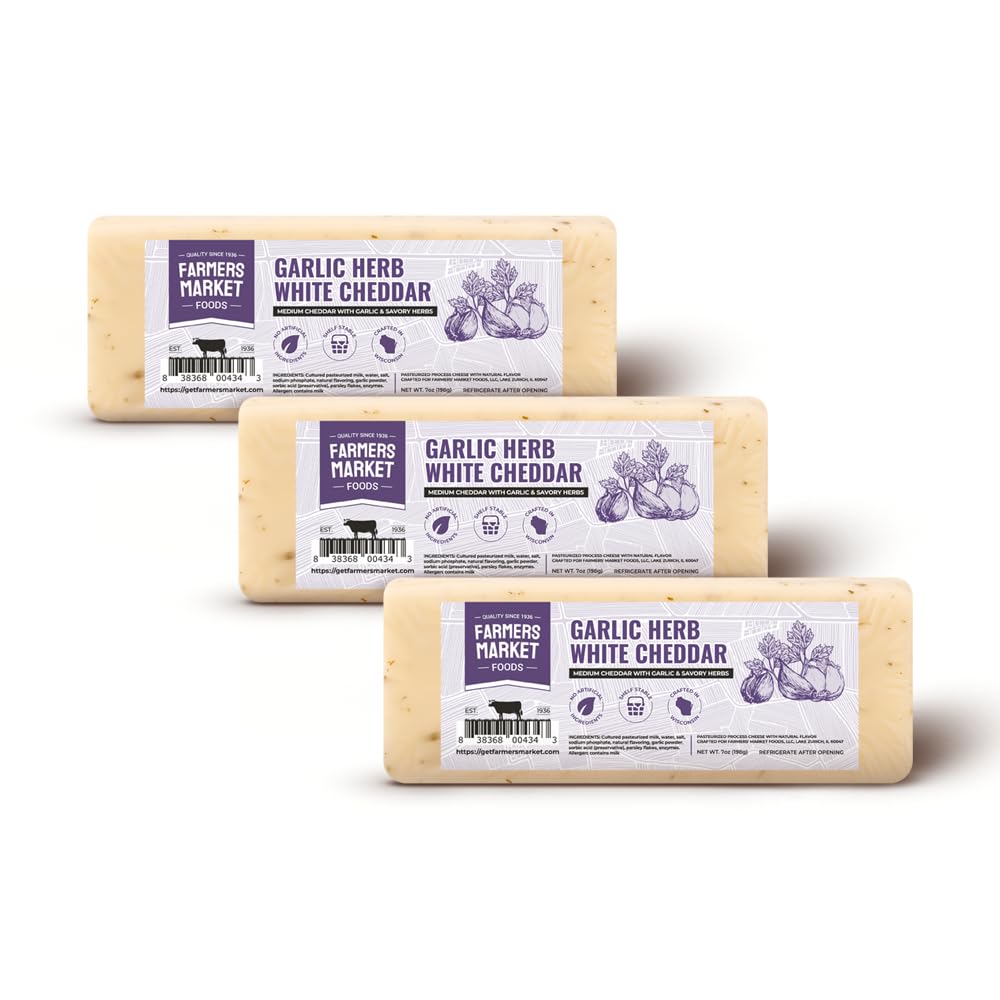 Farmers Market, Gluten Free, Keto, Paleo, Low Sodium, Zero Sugar, Wisconsin Cheese Gift Sets, 3-Pack, Garlic Herb White Cheddar