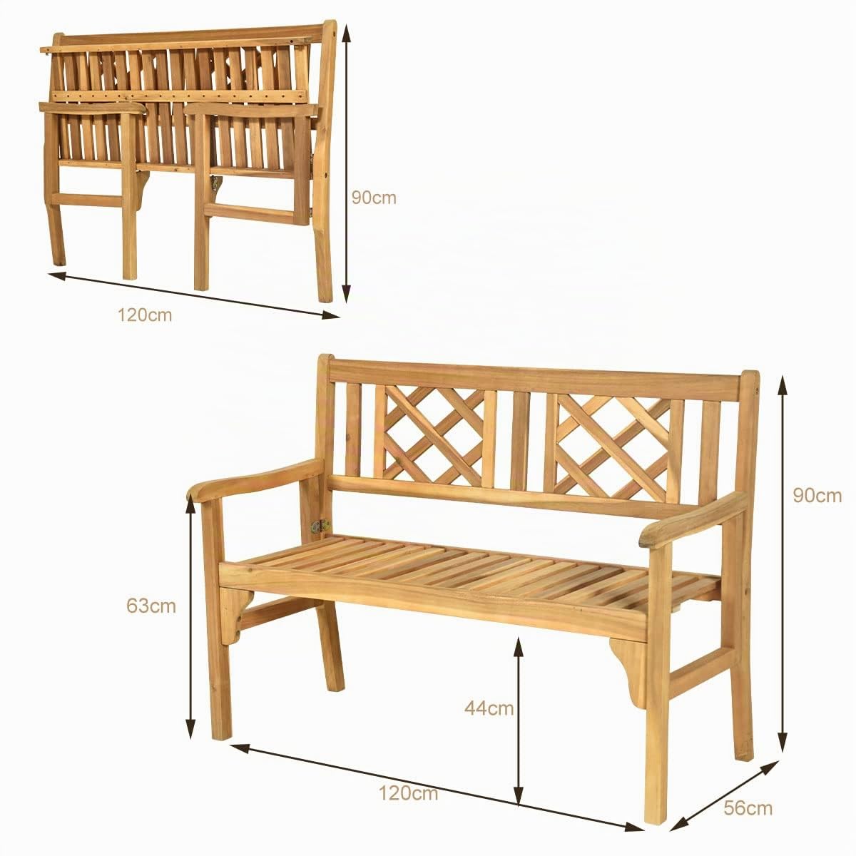 KOMFOTTEU Banc de jardin pliable pour extérieur, banc de jardin portable en bois d'acacia avec charge de 320 kg, banc 2 places pour terrasse, balcon, jardin
