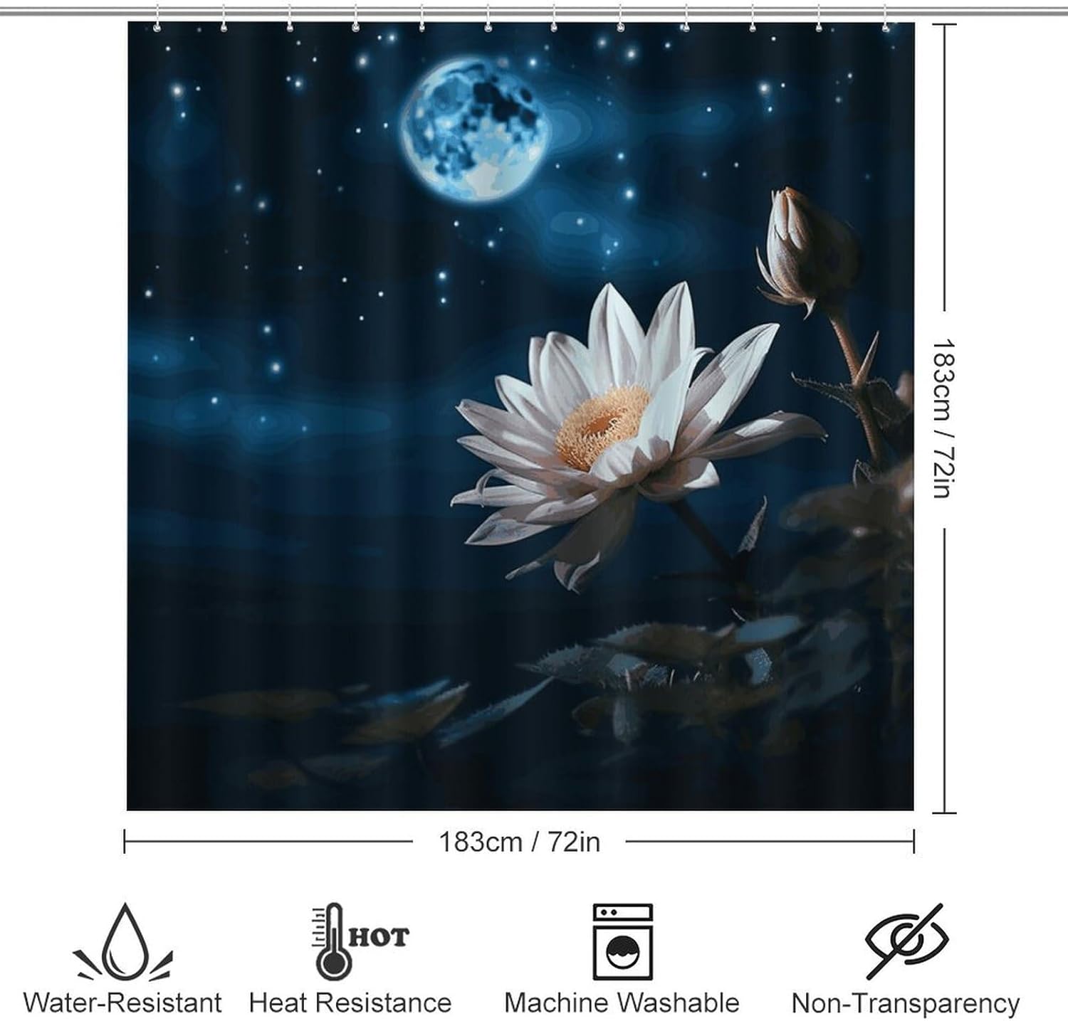 Flower and Moon 4Pcs Shower Curtain Set with Non-Slip Rugs, Toilet Lid Cover and Bath Mat,Bathroom Set Decor Accessories,Curtain Set with 12 Hooks, 72 X 72 Inch