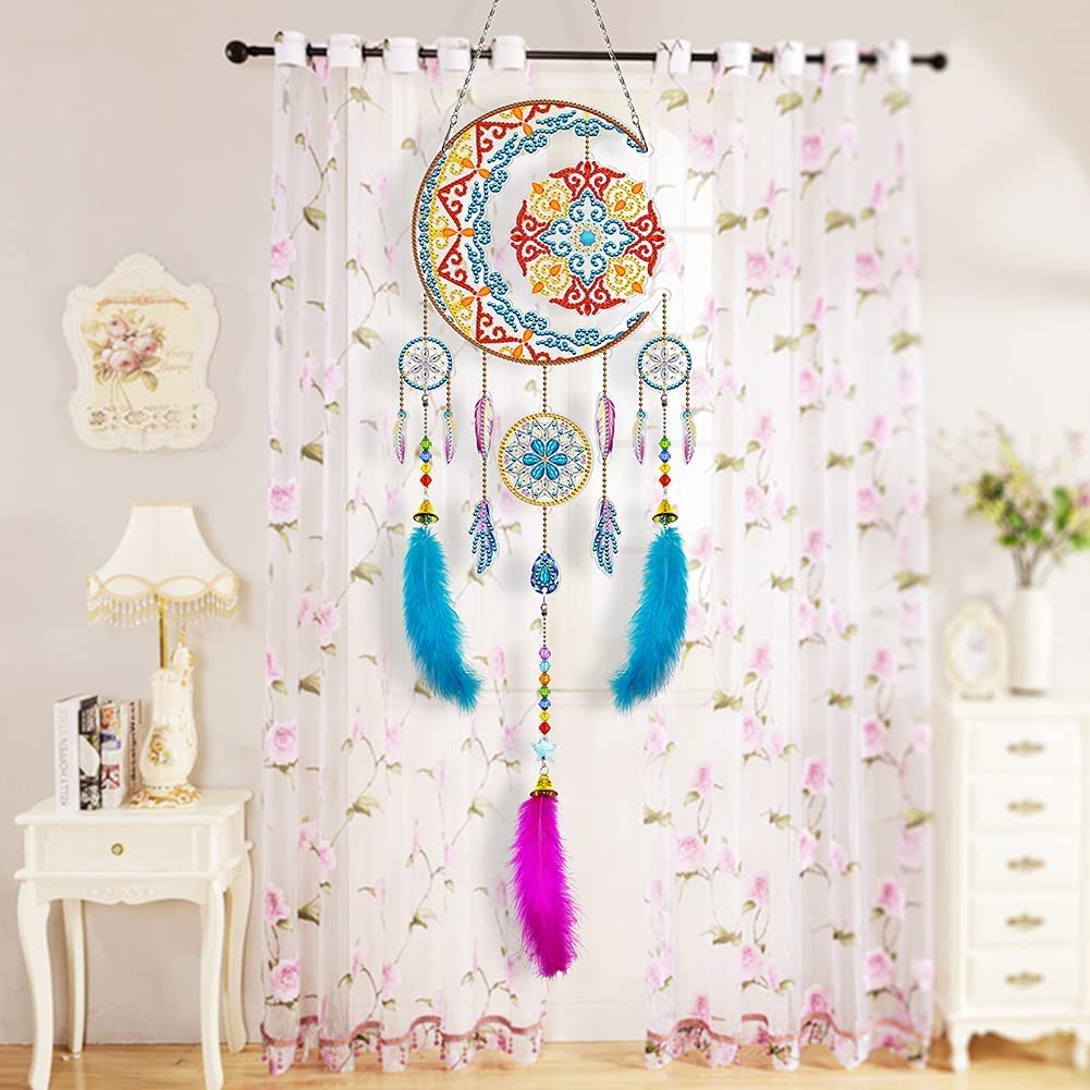 Kit acchiappasogni fai da te, artigianato per adulti, acchiappasogni con design lunare, piume da appendere con stella e luna. Kit fai da te per decorazione da parete della camera da letto, istruzioni