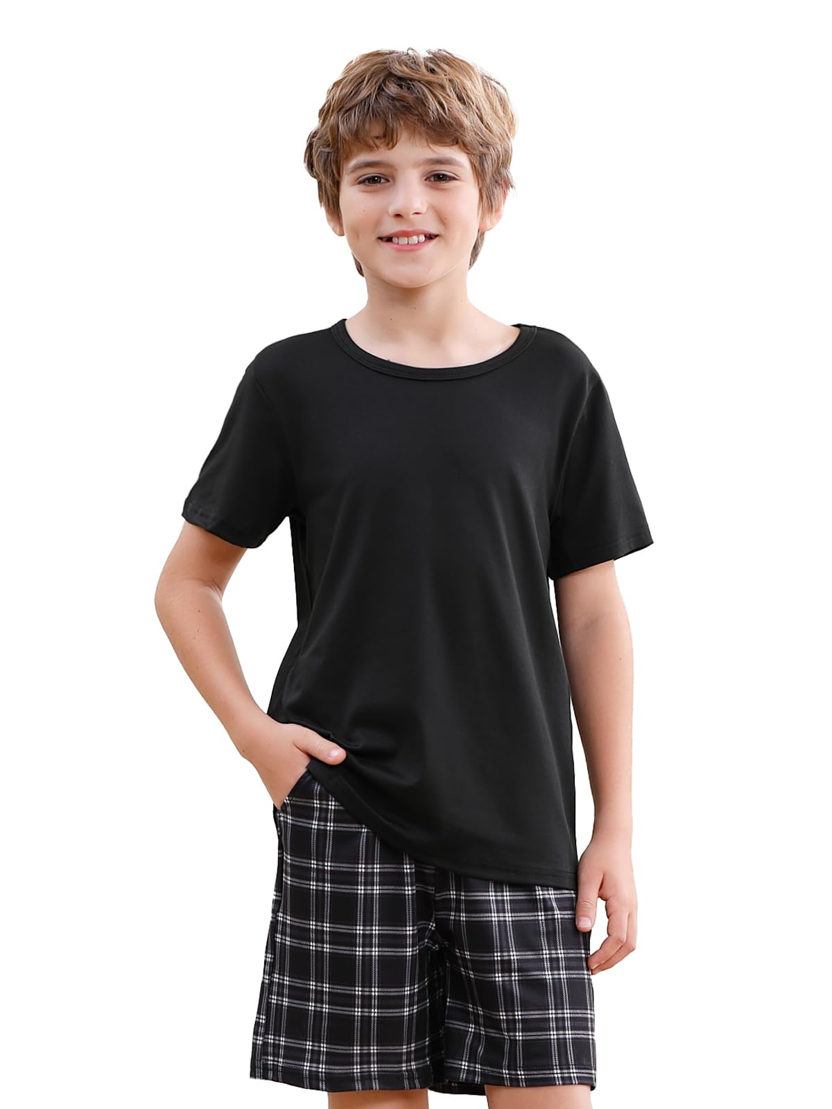 Schlafanzug Jungen Kurz Zweiteiliger Kurzer Schlafanzug Kinder mit 2 Taschen Weich Pyjama Runder Halsausschnitt T-Shirt und Karierte Kurze Hose Sommeroutfits 134-176 für Freizeit Sport Zuhause