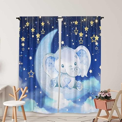 Cortinas de ventana de elefante en acuarela para niños y niñas, estrella azul centelleante para bebé, sala de estar, dormitorio, guardería, hogar,