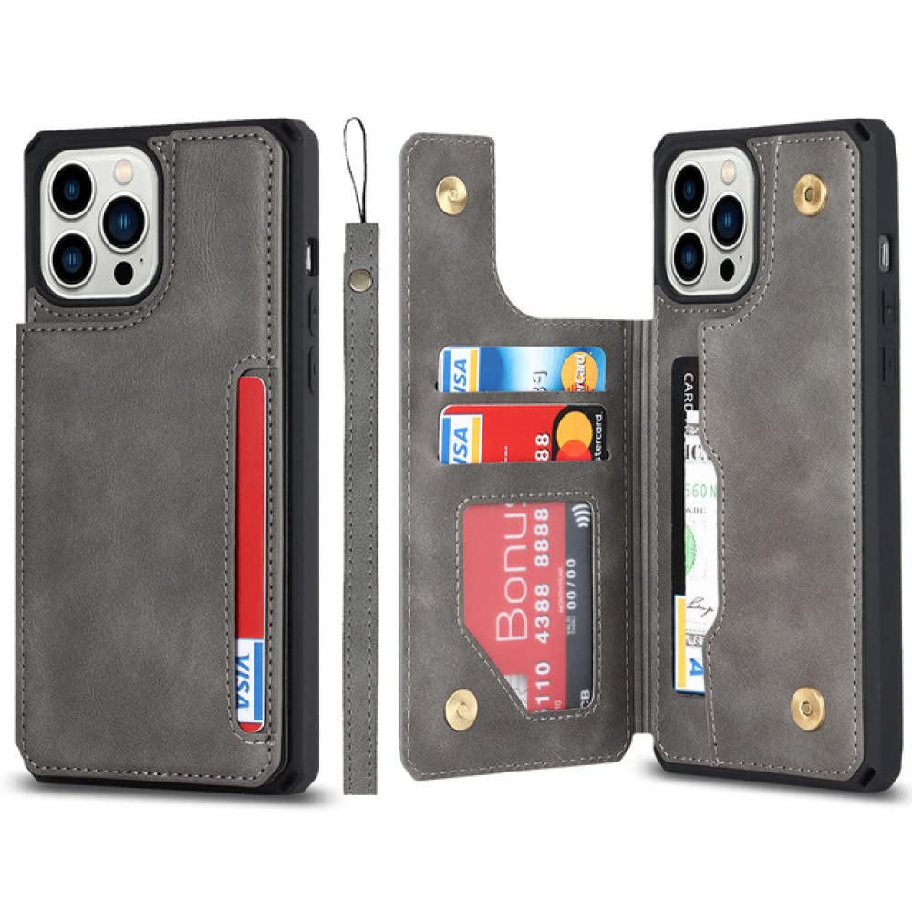 Funda de cuero con tapa para iPhone 14 Pro Max evita pérdidas con monedero y soporte gris 7