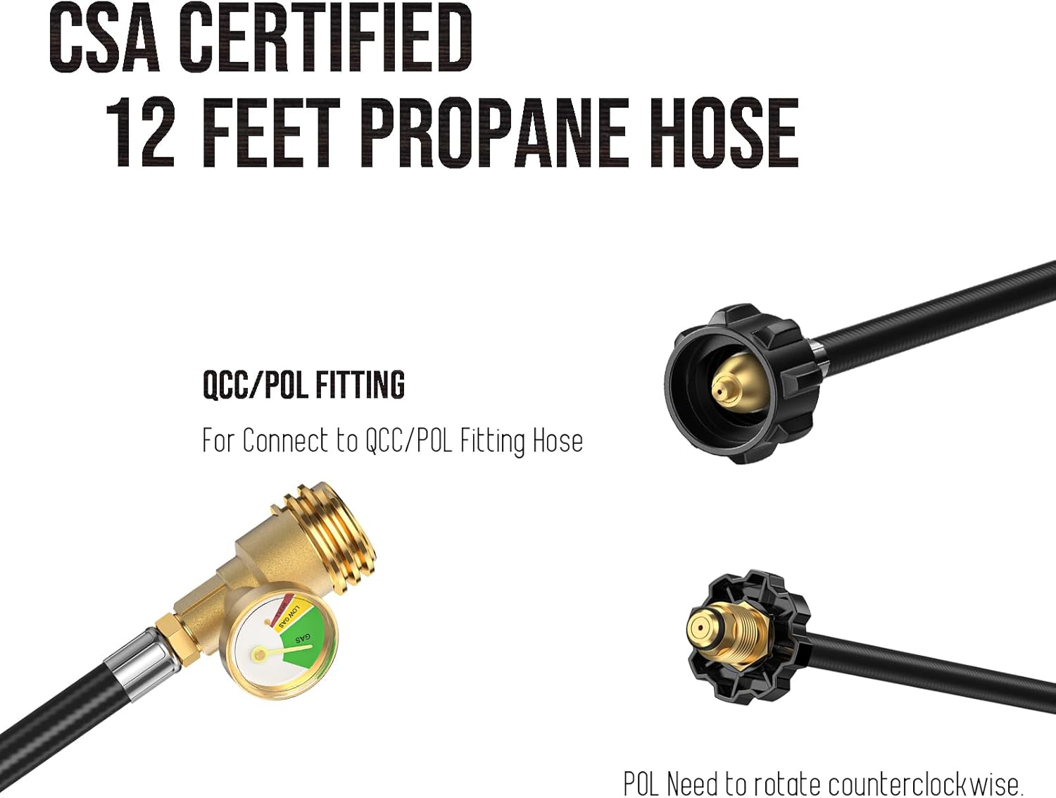 12 Feet Propane Tank Extension Hose with Gauge, QCC1 to Male QCC/POL Fittings-Leak Detector Replacement for Gas Grill, Heater, (ONLY Serves to Extend Your Hose, NOT to Propane Appliances)