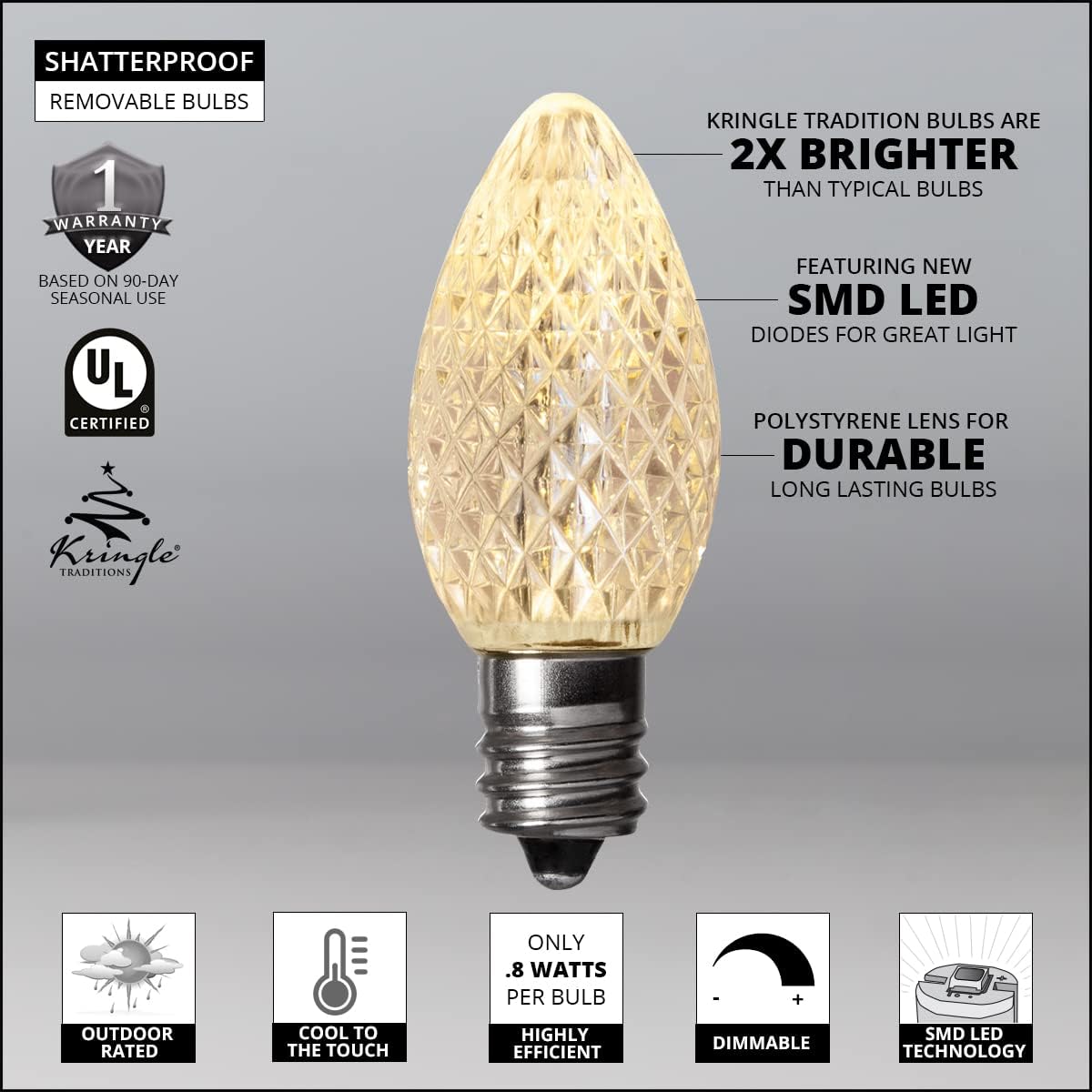 Kringle Traditions Warm White C7 LED Christmas Bulbs – 25 Pack Replacement Lights, Dimmable SMD, Shatter Resistant, E12 Base