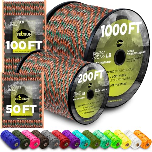 TECEUM Paracord Type III 550 Mixed Camo – 30 m – 4mm – Tactical Rope MIL-SPEC – Outdoor Para Cord – Camping Hiking Fishing Gear and Equipment – Parachute Cord – Strong Survival Rope (100ft) 766