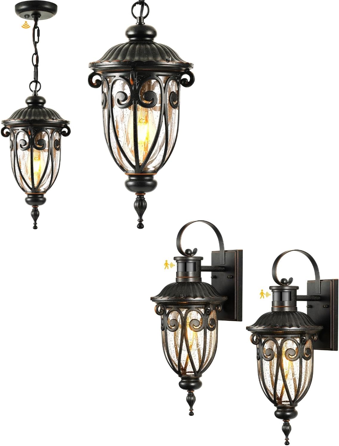 VIANIS Bronze Dusk to Dawn Outdoor Pendant Light & 2 Pack Oil Rubbed Bronze Motion Sensor Outdoor Porch Lights