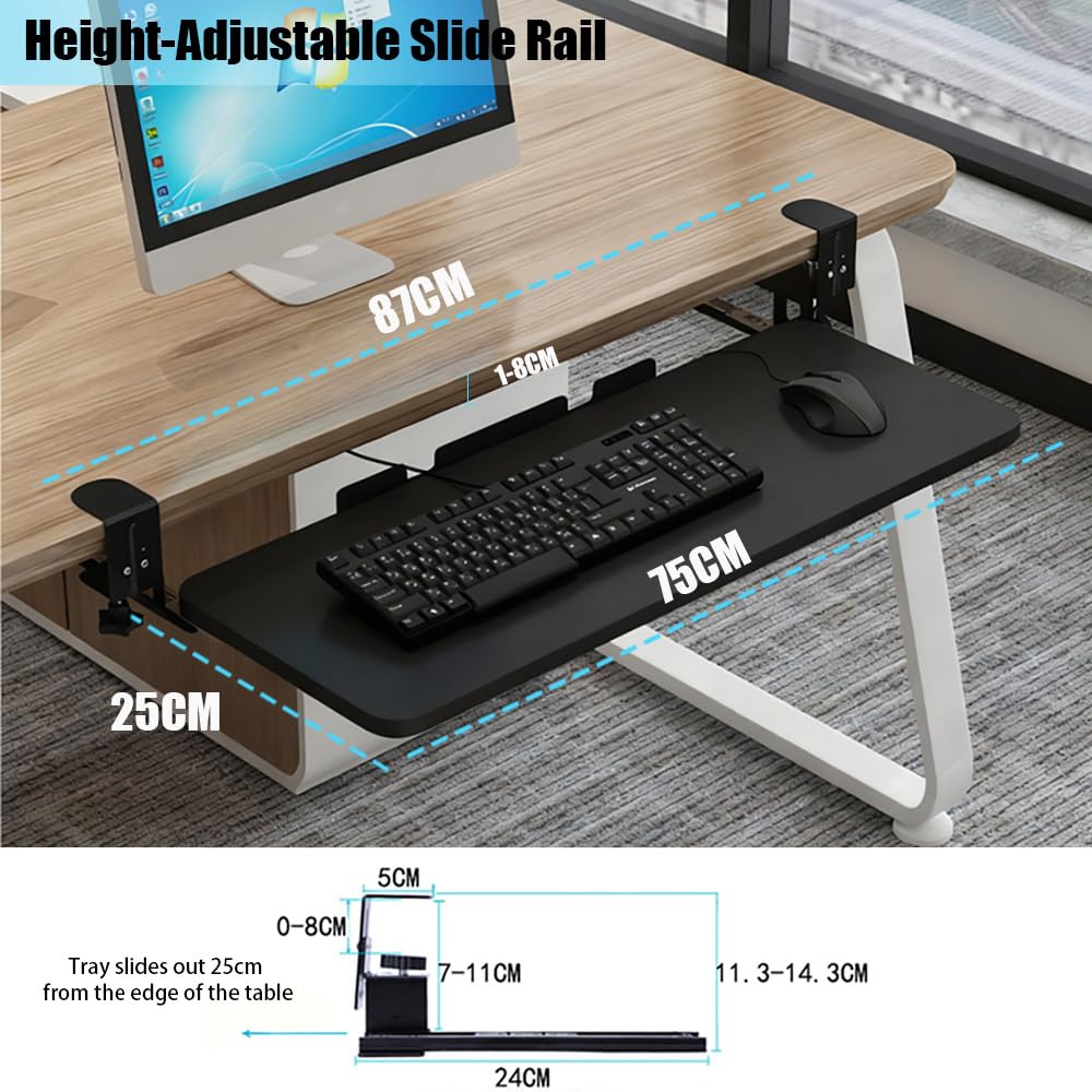 Support Clavier,Peut Glisser sous Le Bureau, 75 Cm (87 Mm avec Le Support) x 25 Cm, Pince en c Réglable pour Une Installation Facile, Charge Maximale De 25 Kg, Couleur Noire