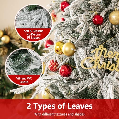 Image of Goplus 6 FT Pre-Lit Snow Flocked Christmas Tree, Artificial Hinged Xmas Tree with 594 PE & PVC Mixed Branch Tips, 250 Warm White LED Lights, Foldable Metal Base, Home Office Decoration