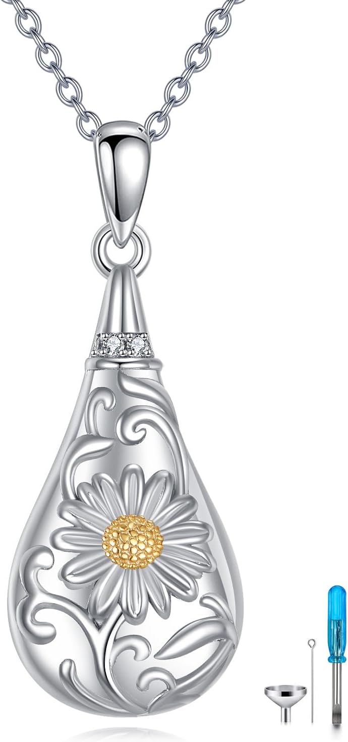 Daisy Urn Necklaces for Ashes Sterling Silver Teardrop Cremation Jewelry for Ashes Memory Jewelry for Women Men