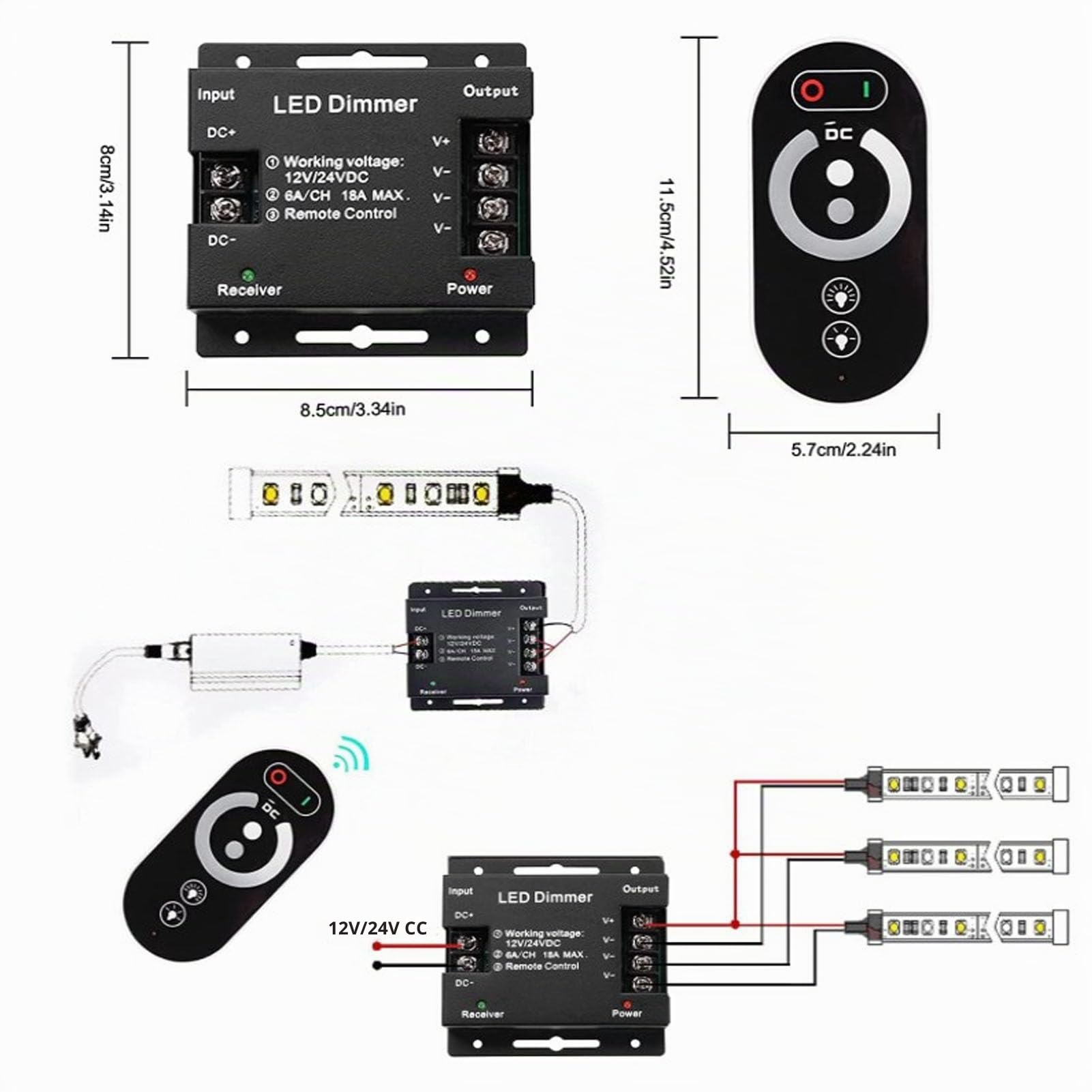 Regulador de Intensidad, CC 12 V‑24 V 18 A 0%‑100% Atenuación Continua PWM Atenuador de Tira de Luz LED con Control Remoto RF Ajustar el Brillo Interruptor de Tira de Luces LED