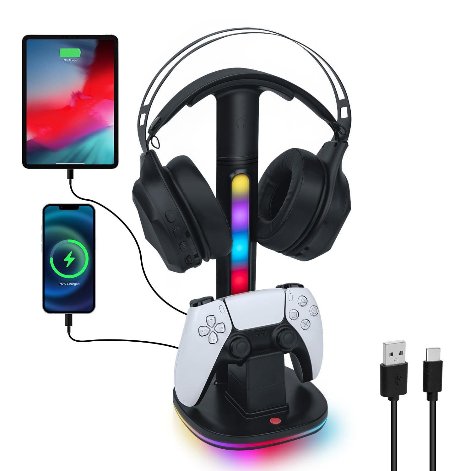 Game Controller Halter/Headset Ständer mit Ladestation für PS5 DualSense Controller, Kopfhörer Halter Gaming Zubehör mit 2 USB Anschlüss für PlayStation 5 DualSense Edge Controller Ladegeräts