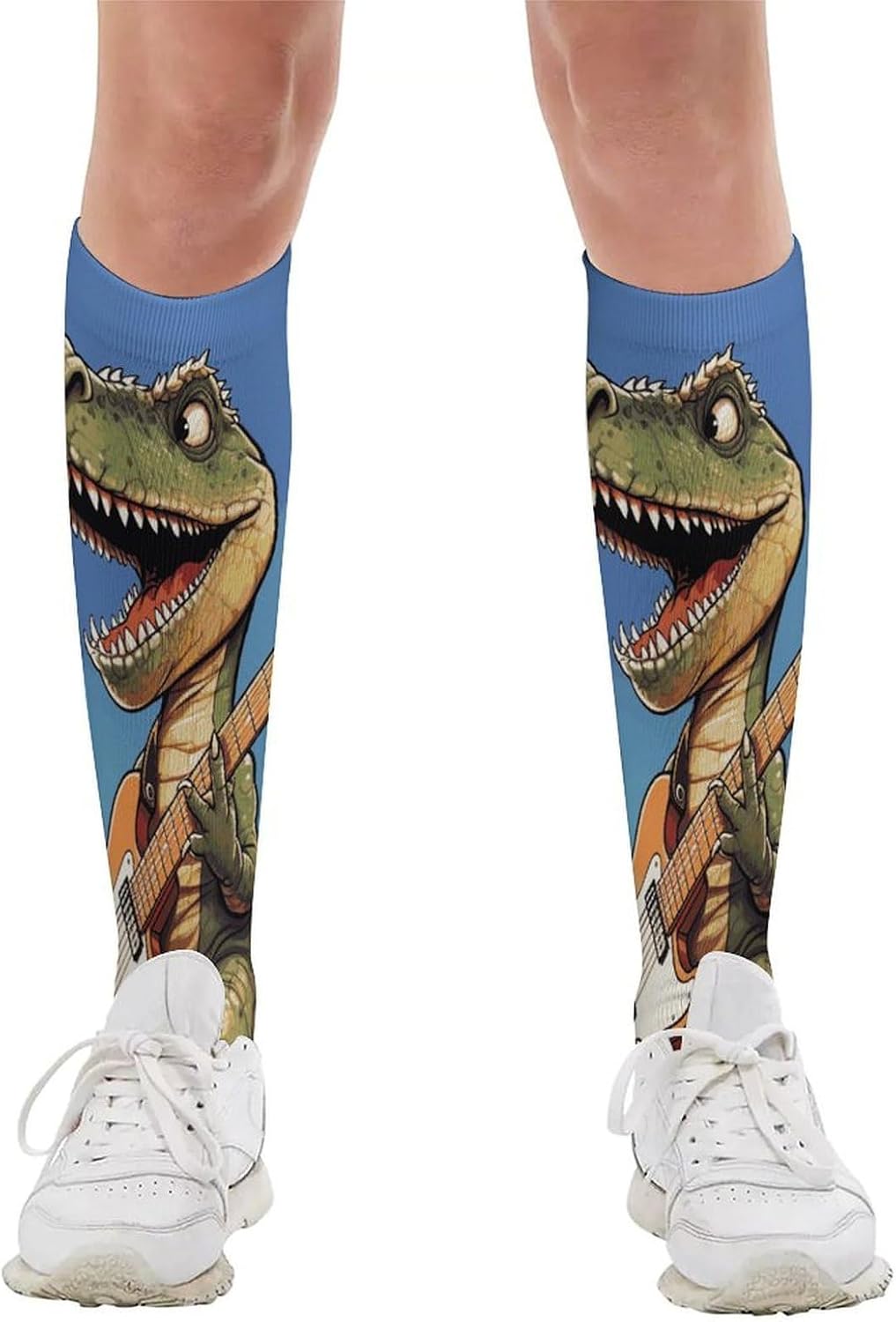 Dinosaur Playing Guitar Knee High Soccer Socks Moisture Wicking