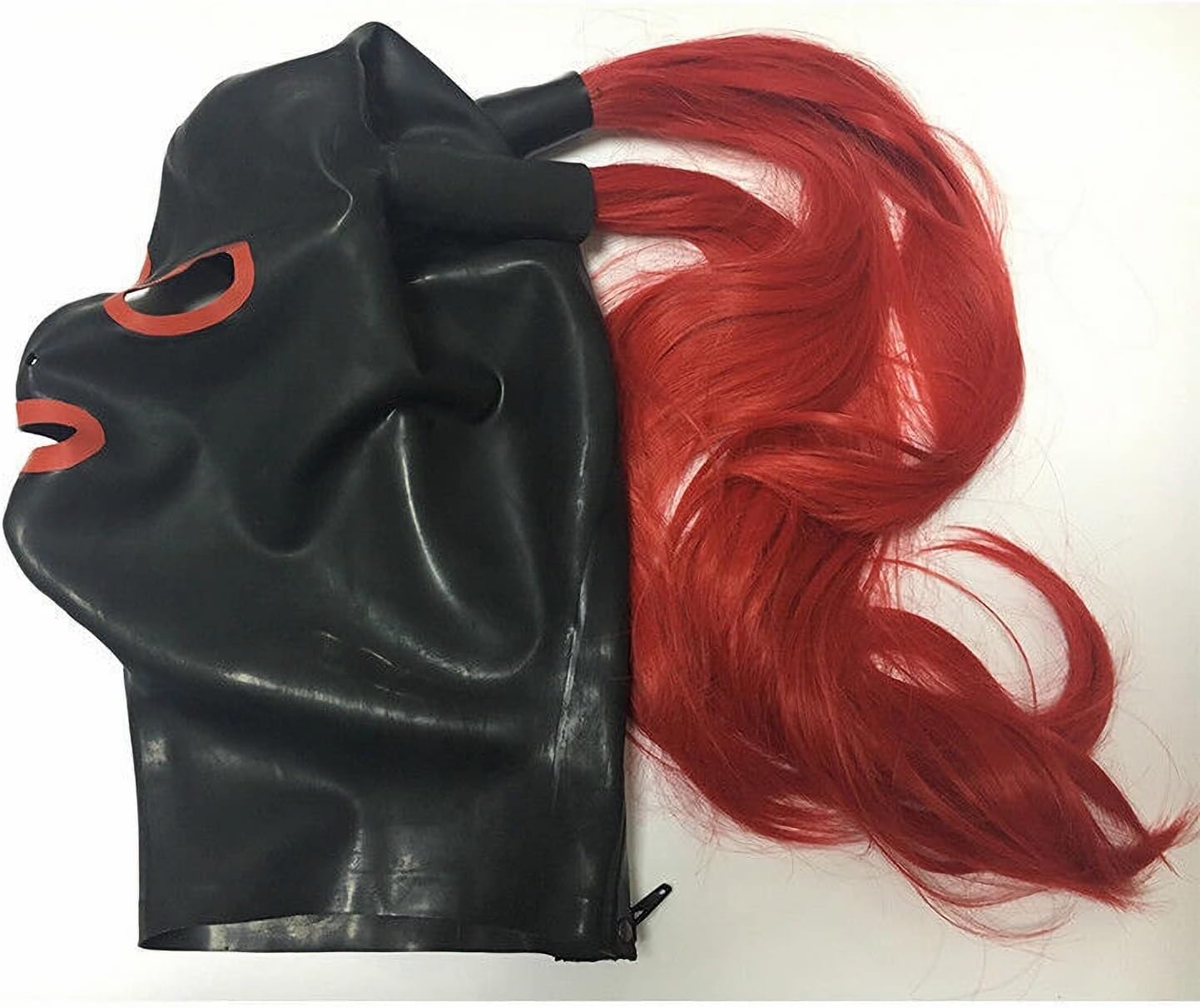 Latex Hood with Red Braids and Eye Hole, Full Face Cover with Zipper for Master, Queen, Sex, BDSM, Party, Cosplay, Holiday