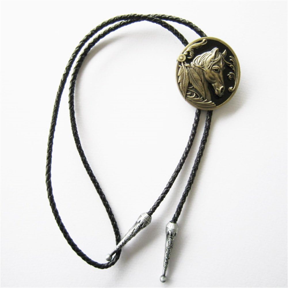 Bolo Tie for Men,Cowboy Necklace,Antique Bronze Plated Western Horse Head Oval Bolo Tie Leather