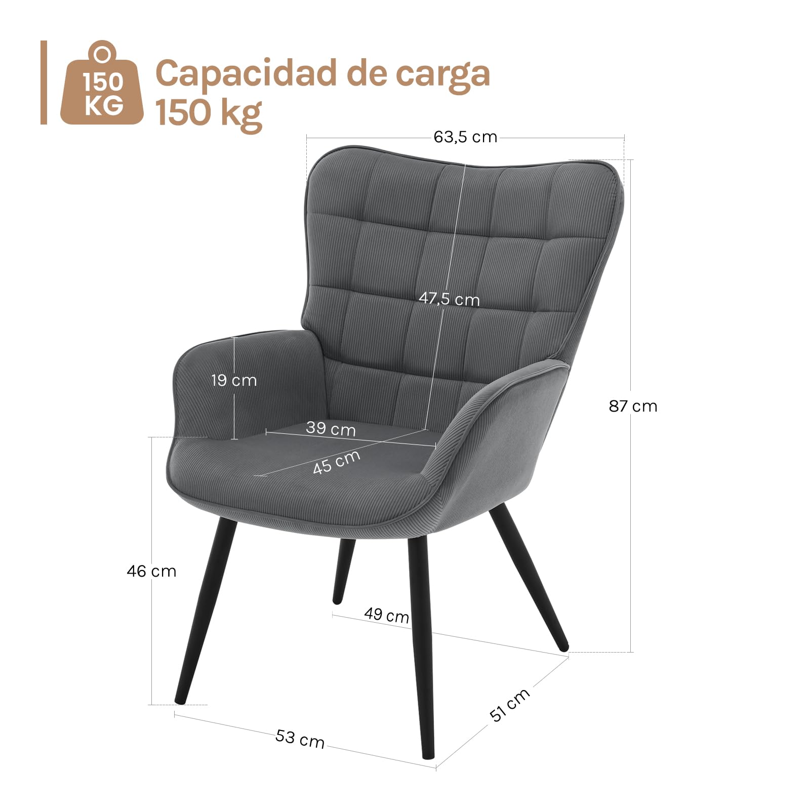 WOLTU Butaca de Salón, Sillón Relax Moderno, con Orejas, Gris Oscuro | Silla Individual para Dormitorio y Tocador, Tela de pana, Patas Metálicas, Silla Cómoda para Lectura u Ocio, 63,5x68x87 cm