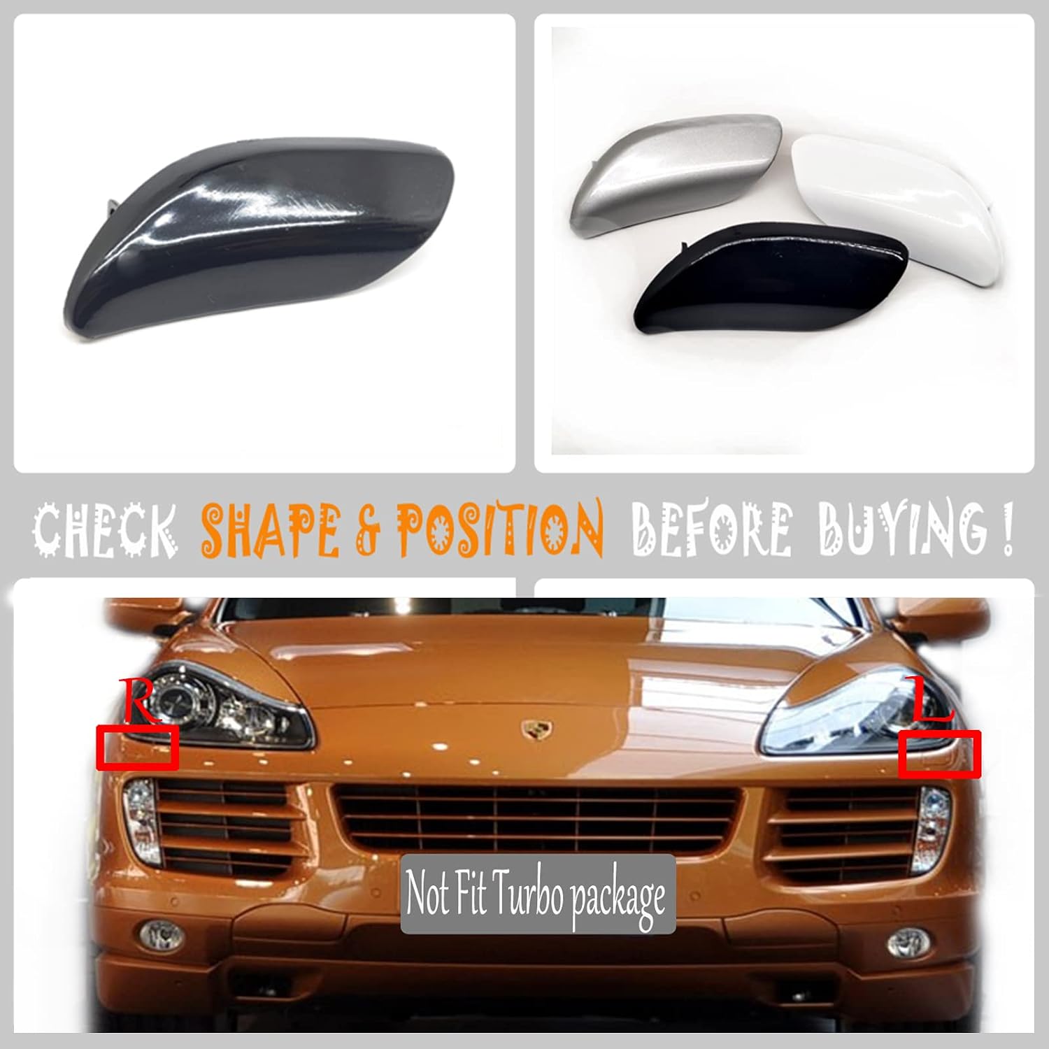 Pair Headlight Washer Covers for 07-10 Porsche Cayenne 9PA1 955 957 Base Sport Turbo GTS S 3.6L 4.8L 2007 2008 2009 2010 Lamp Front Left Right Driver Side (Black)