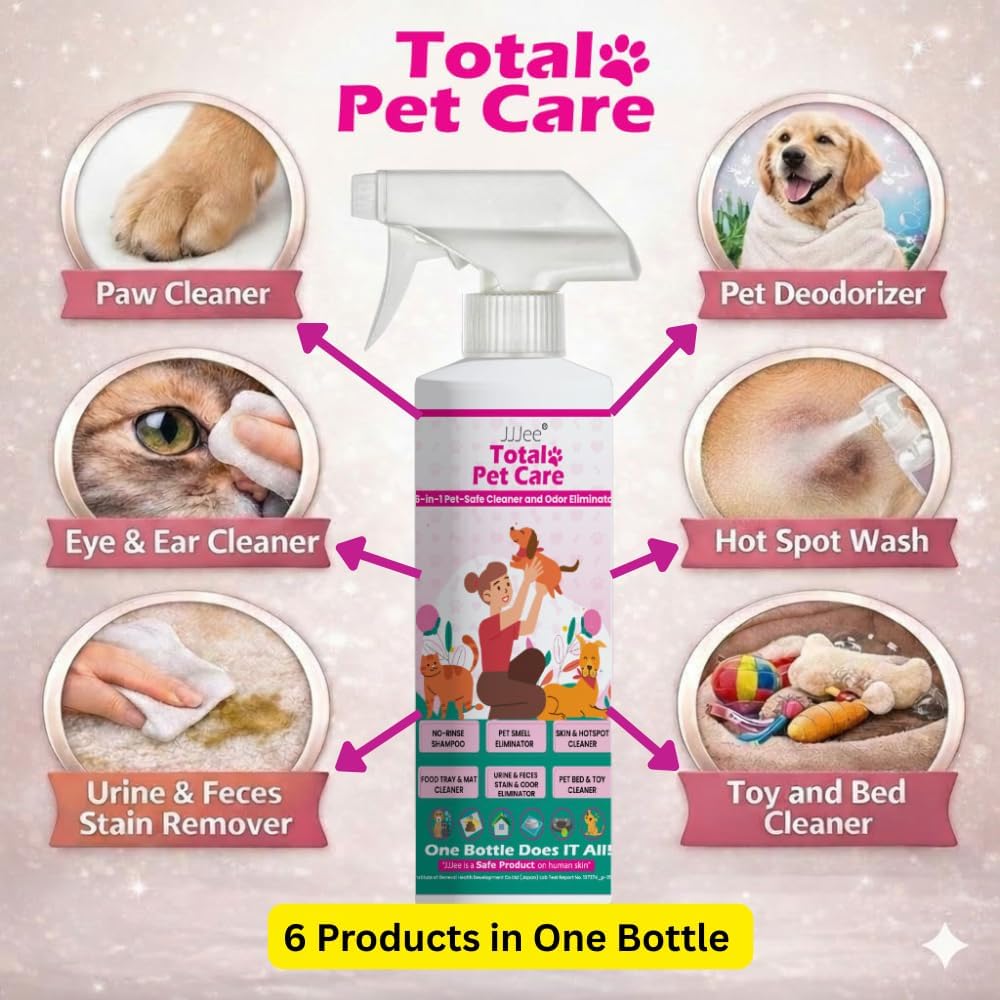 JJJee® 6-in-1 No-Rinse Dog & Cat Cleaner & Odor Eliminator. Cleans Paws, Coat, Eyes, Ears, Hotspots & Home Surfaces–Alcohol-Free, Fragrance-Free, Advanced Electrolyzed Water–Made in Japan (16 oZ)